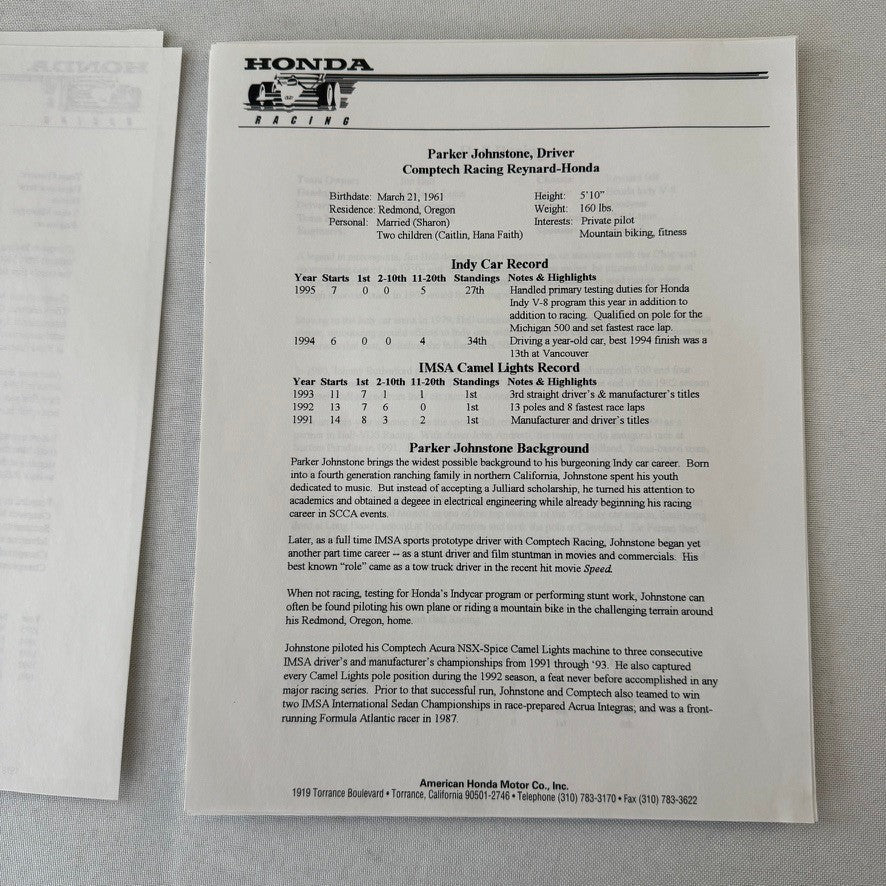 1996 Honda Indy Racing Press Kit Brochure Andre Ribeiro