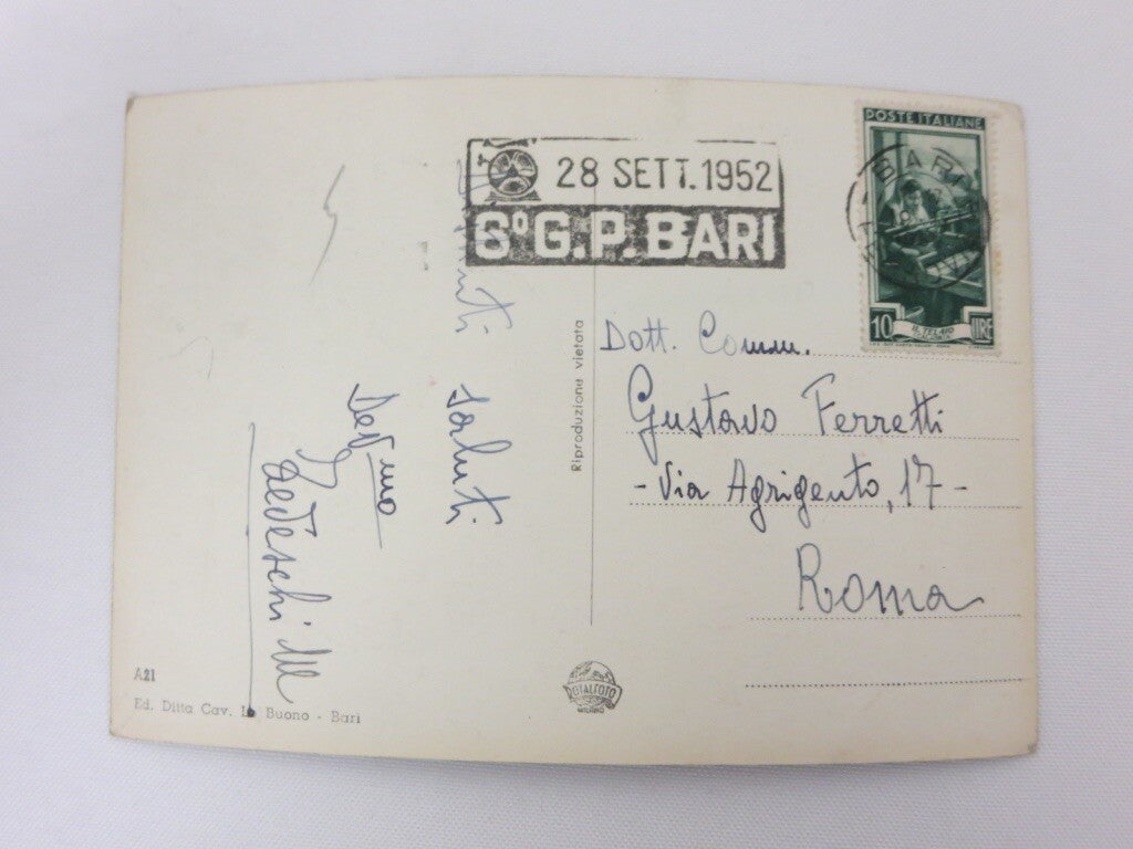 1952 Grand Prix Bari Postage Stamp on Postcard Fiera del Levante - Bari Italy 