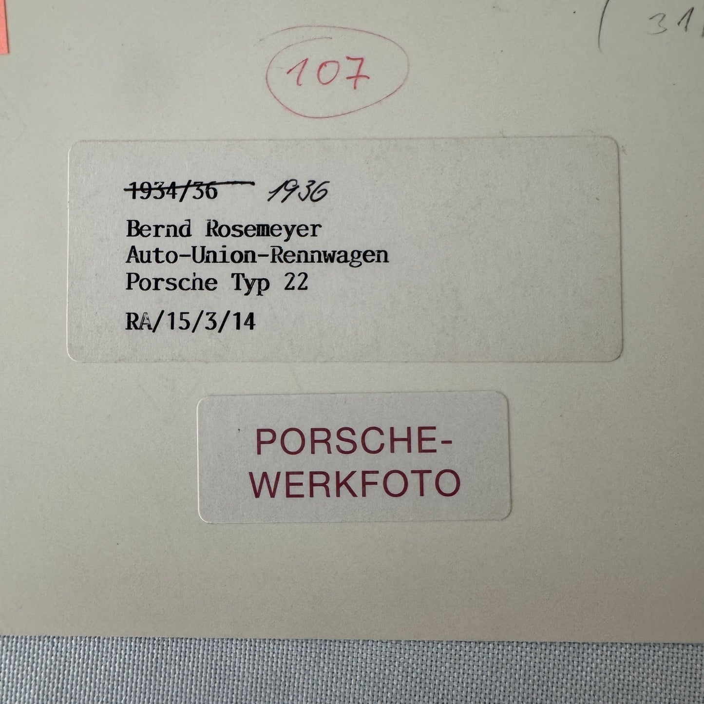 Bernd Rosemeyer Auto Union Porsche Type 22 Racing Car Photo Photograph Werkfoto