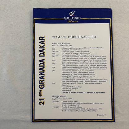 Granada Dakar Rally Renault ELF Team Jean Louis Schlesser 1999 Presss Kit
