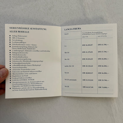 1993 Lancia Thema Technical Data Price List Brochure European German Text