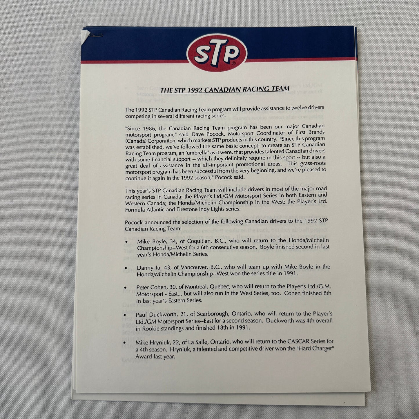 1992 STP Racing Press Kit Brochure Photos Bryan Herta Richard Petty Vintage