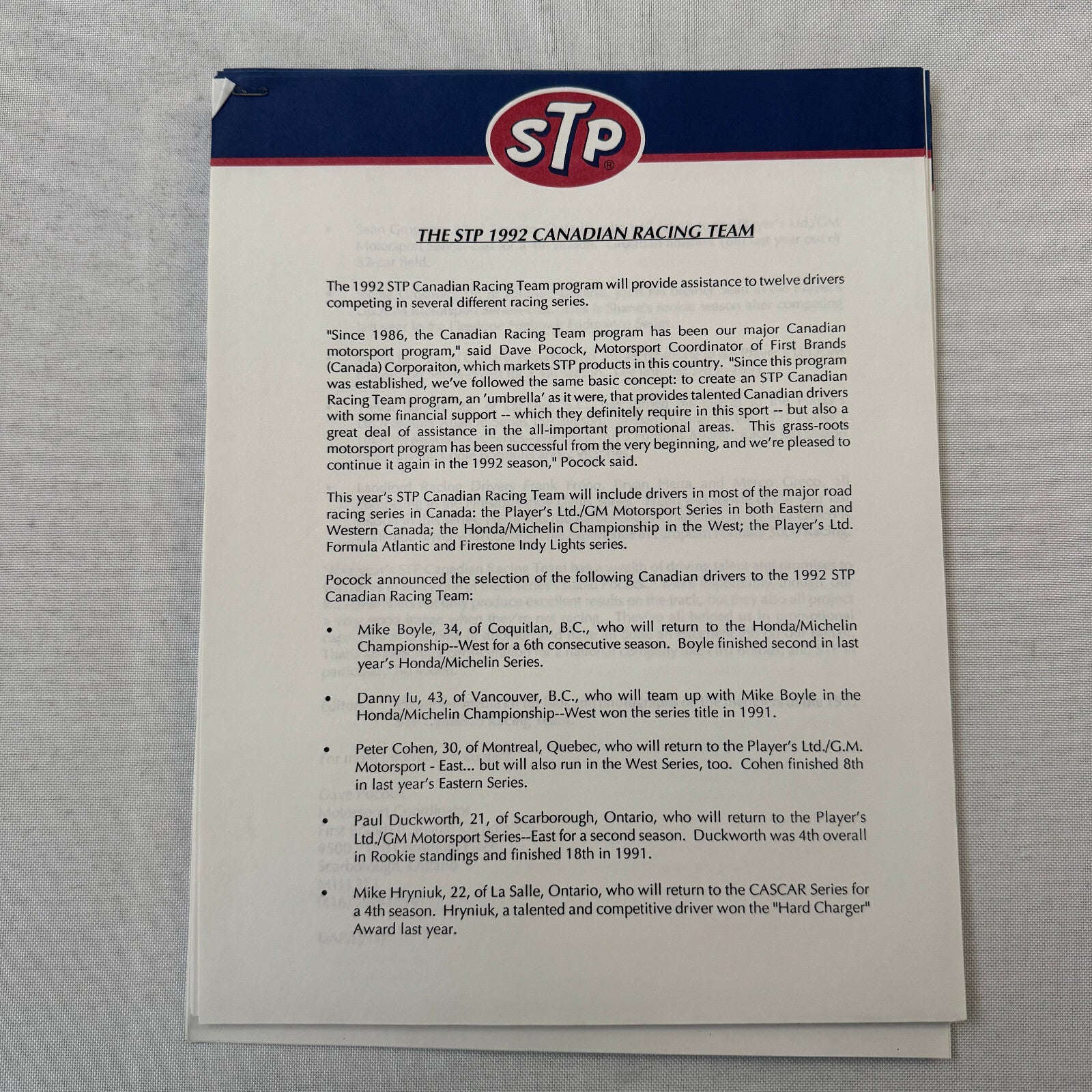 1992 STP Racing Press Kit Brochure Photos Bryan Herta Richard Petty Vintage