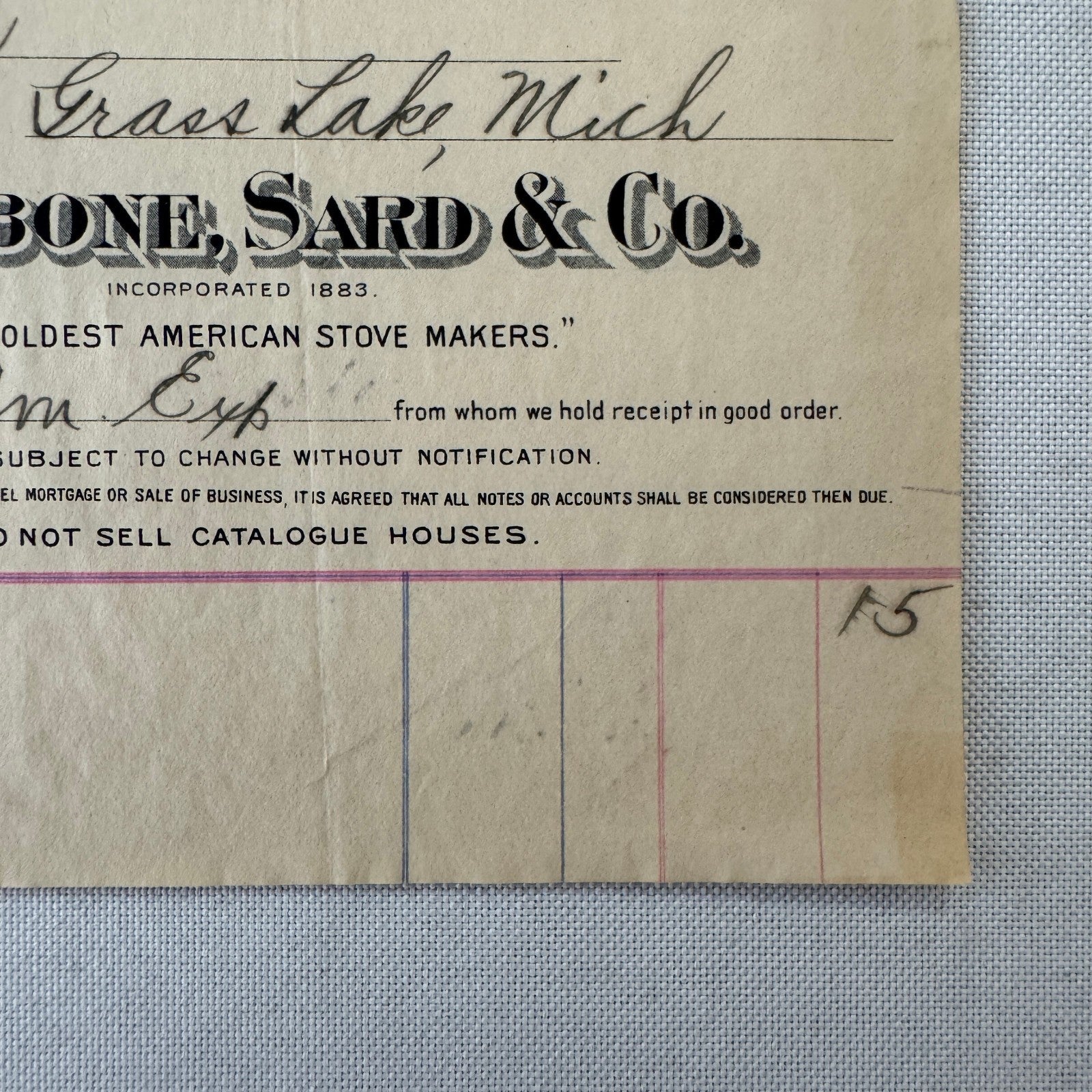 Rathbone Sard and Company Acorn Stoves and Ranges Receipt Invoice Document 1907