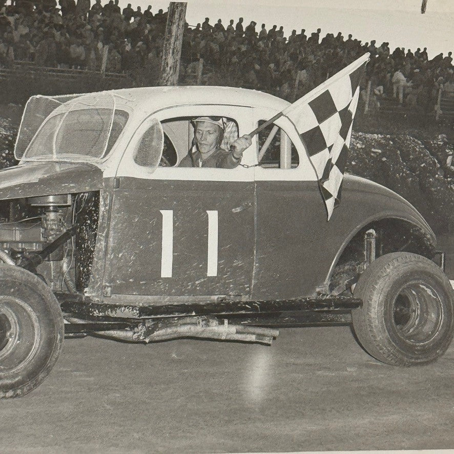 Vintage Racing Photo 1960 Stock Car Race Winner Checkered Flag Binghampton NY