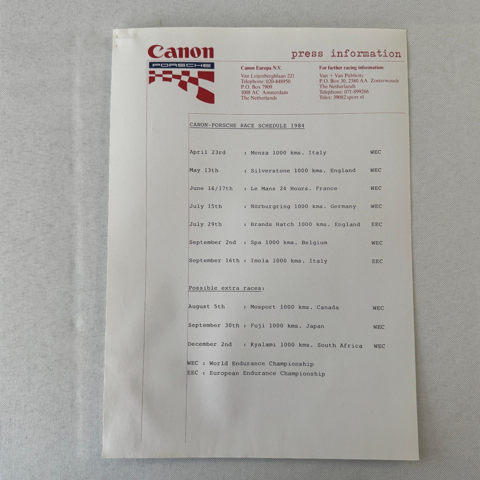 1984 Canon Porsche Racing Press Kit Photos Jan Lammers Jonathan Palmer