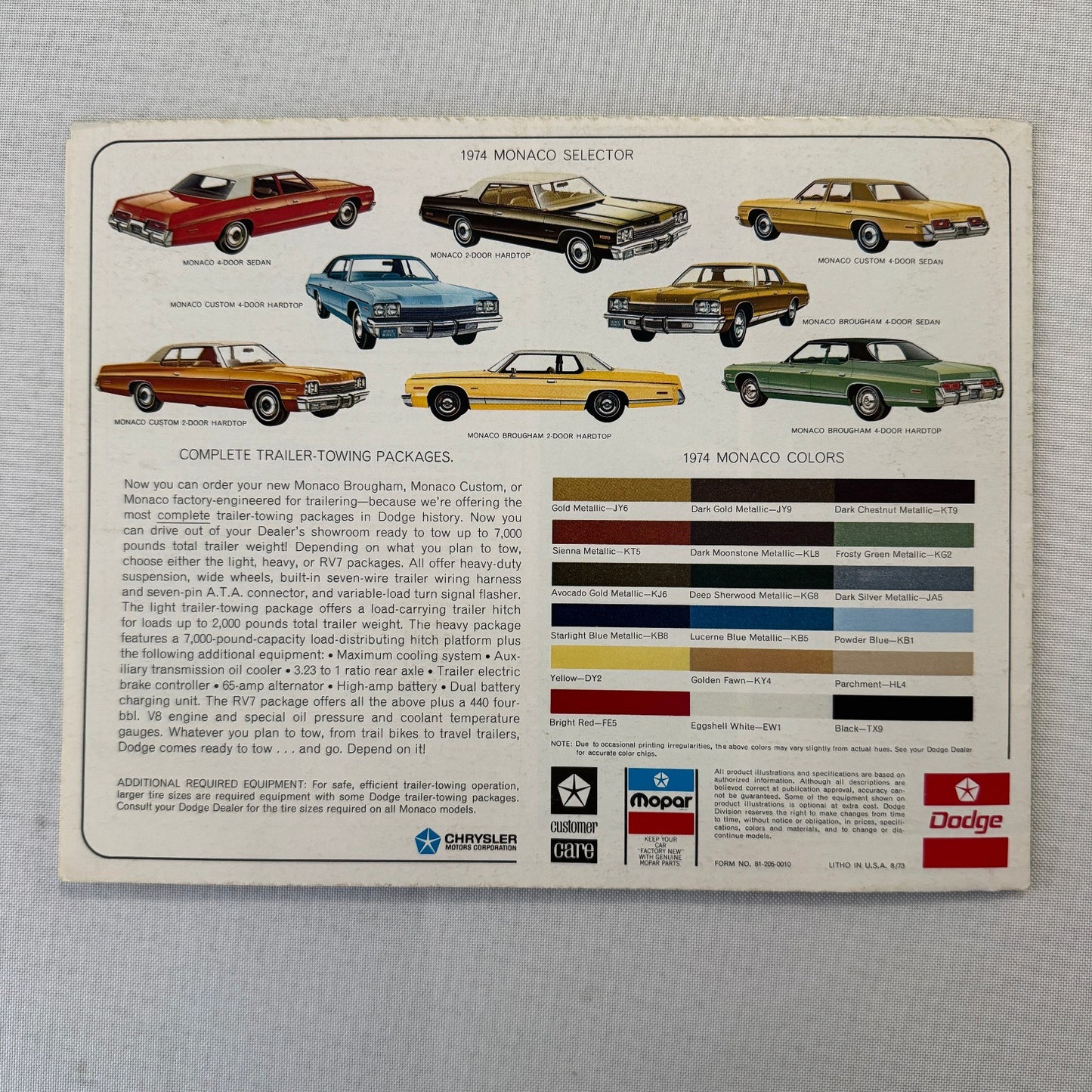 1974 Dodge Monaco Car Sales Brochure Catalog Advertising Custom Brougham Hardtop