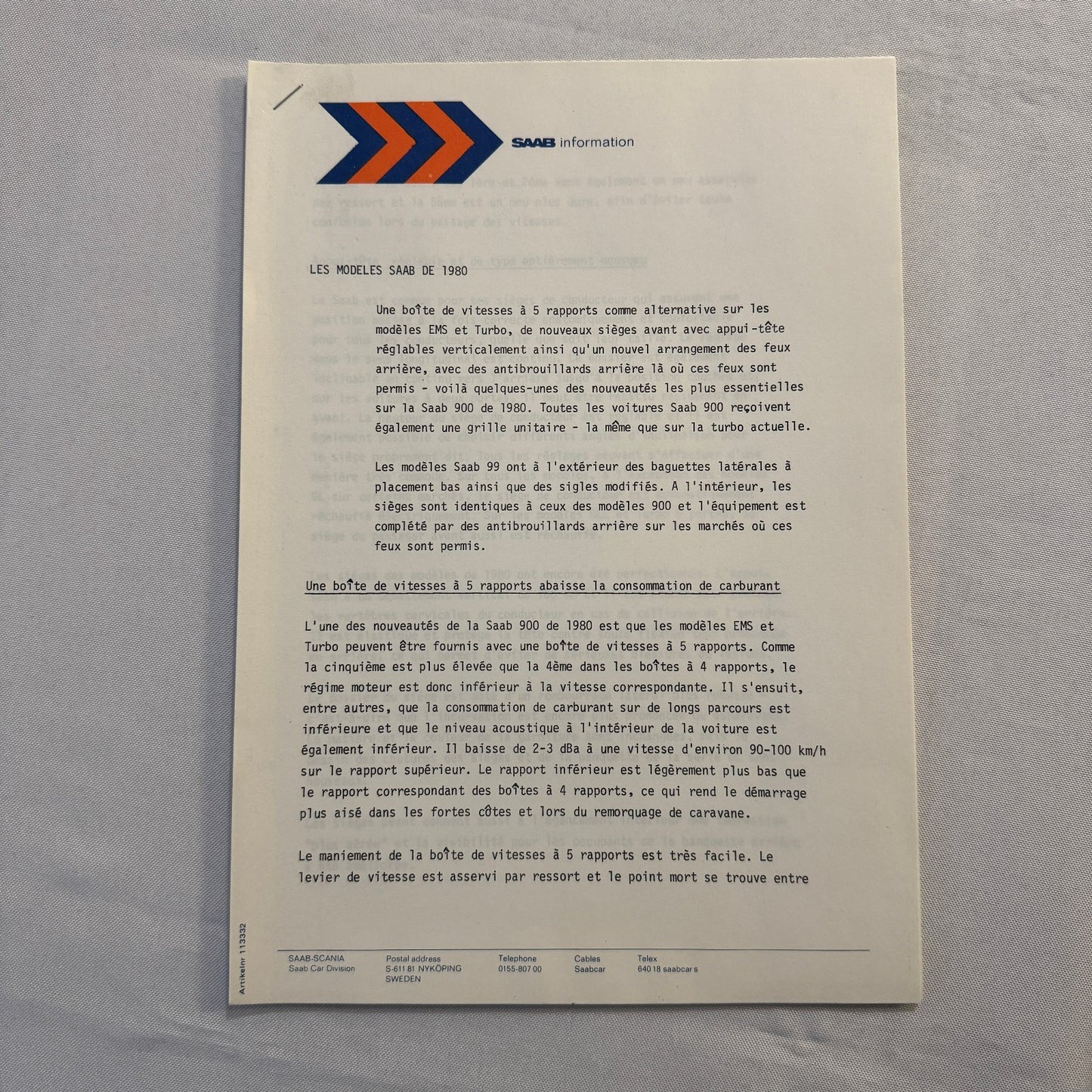 1980 Saab Factory Press Kit Brochure Photos Saab 900 99 Turbo EMS FRENCH