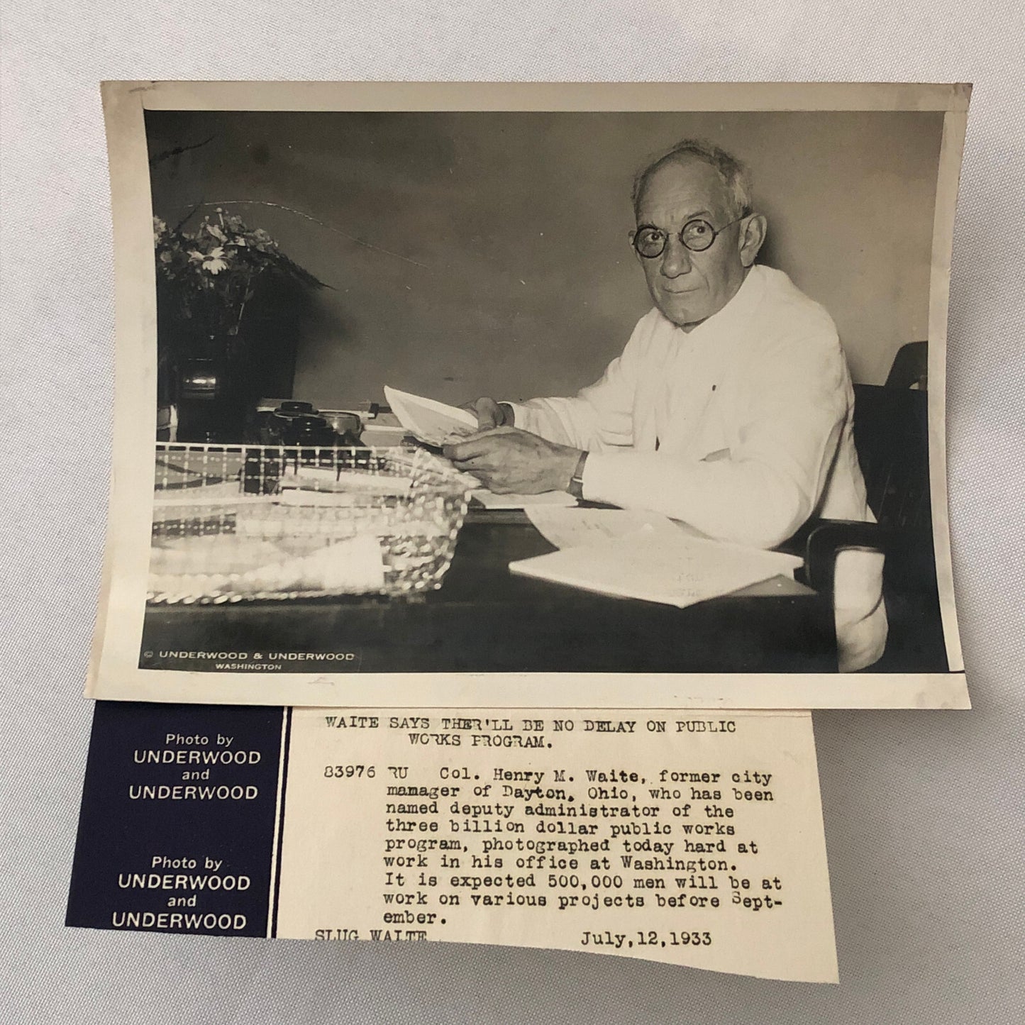 Press Photo Photograph Public Works Program Manager Dayton Ohio 1933 Underwood