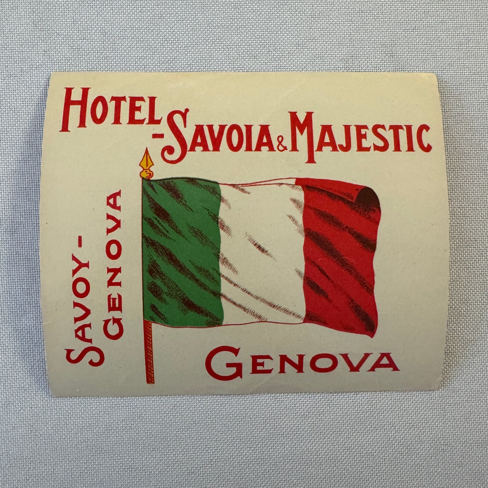 Vintage Hotel Travel Luggage Label Hotel Savoia Genova Genoa Italy Italian