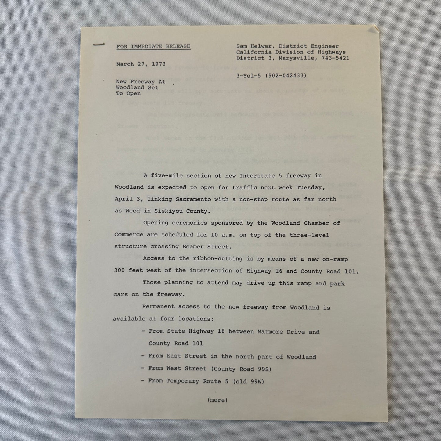 State of California Department of Public Works Interstate Highway 5 Press Kit