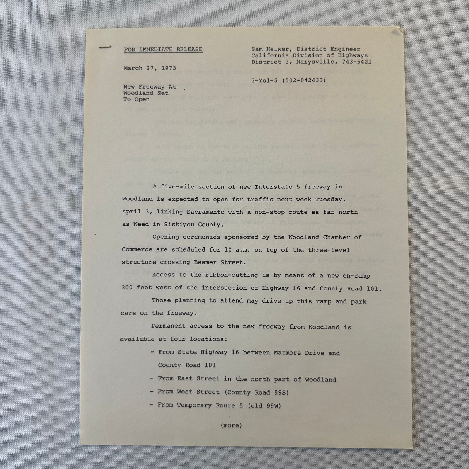 State of California Department of Public Works Interstate Highway 5 Press Kit