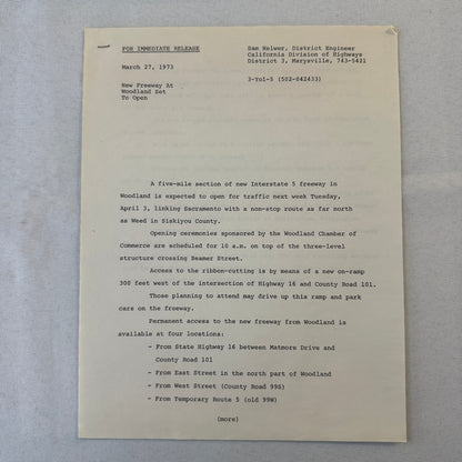 State of California Department of Public Works Interstate Highway 5 Press Kit