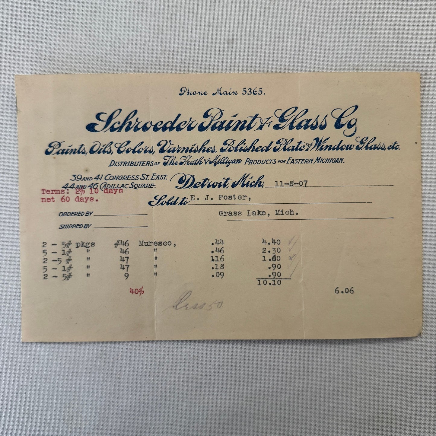 Schroeder Paint & Glass Company Detroit Michigan 1908 Receipt Document Lot 5x