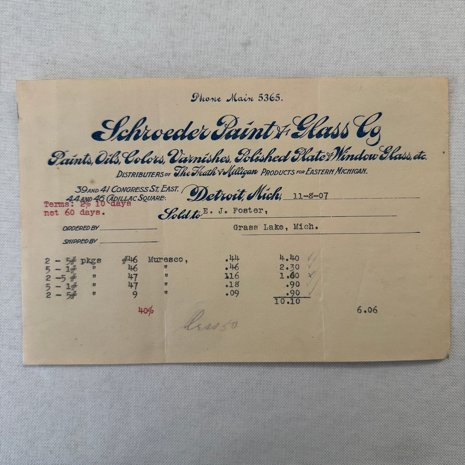 Schroeder Paint & Glass Company Detroit Michigan 1908 Receipt Document Lot 5x