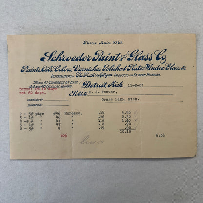 Schroeder Paint & Glass Company Detroit Michigan 1908 Receipt Document Lot 5x