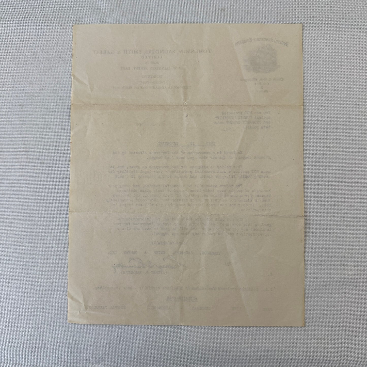 Vintage Toronto Federal Insurance Company Letterhead Letter Document