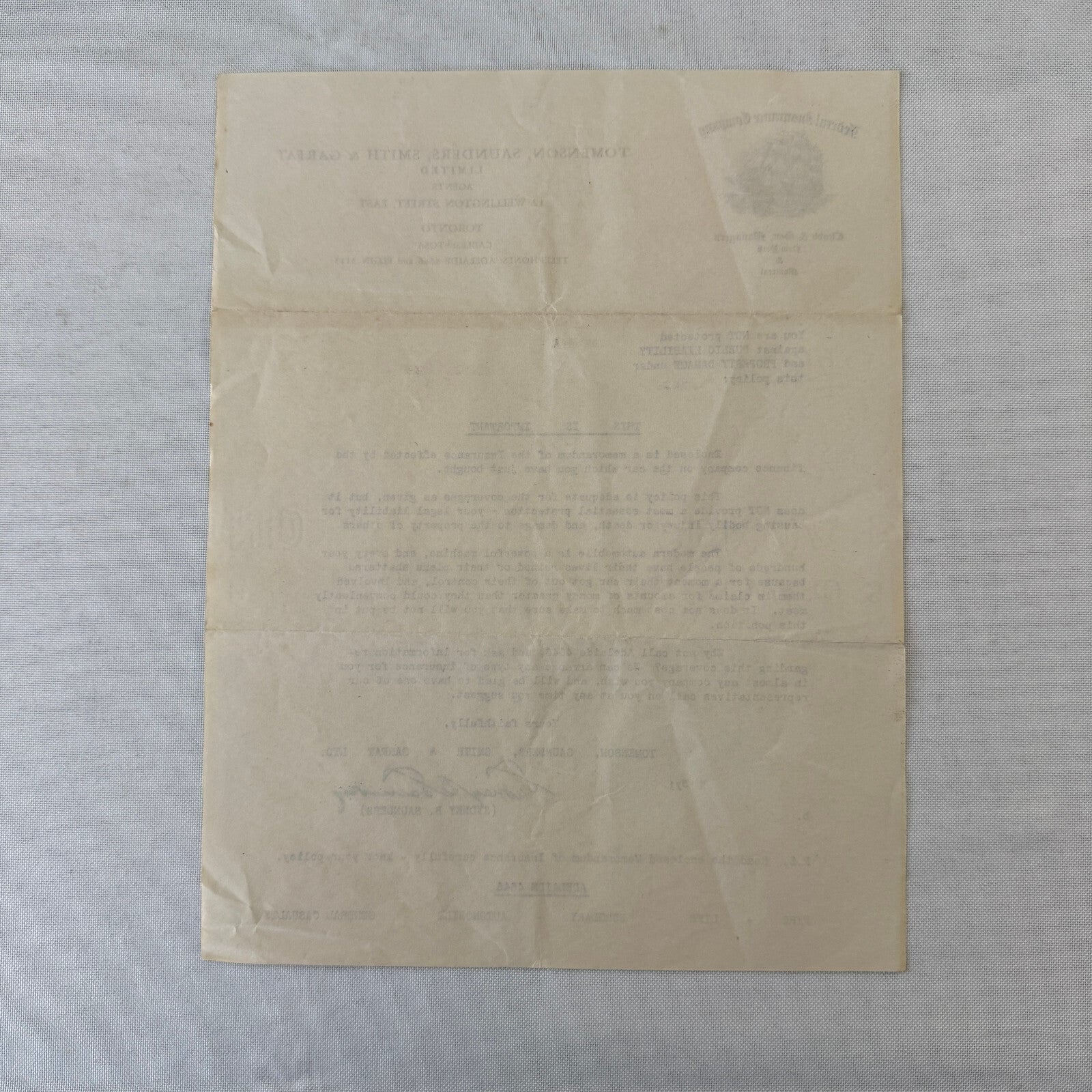 Vintage Toronto Federal Insurance Company Letterhead Letter Document
