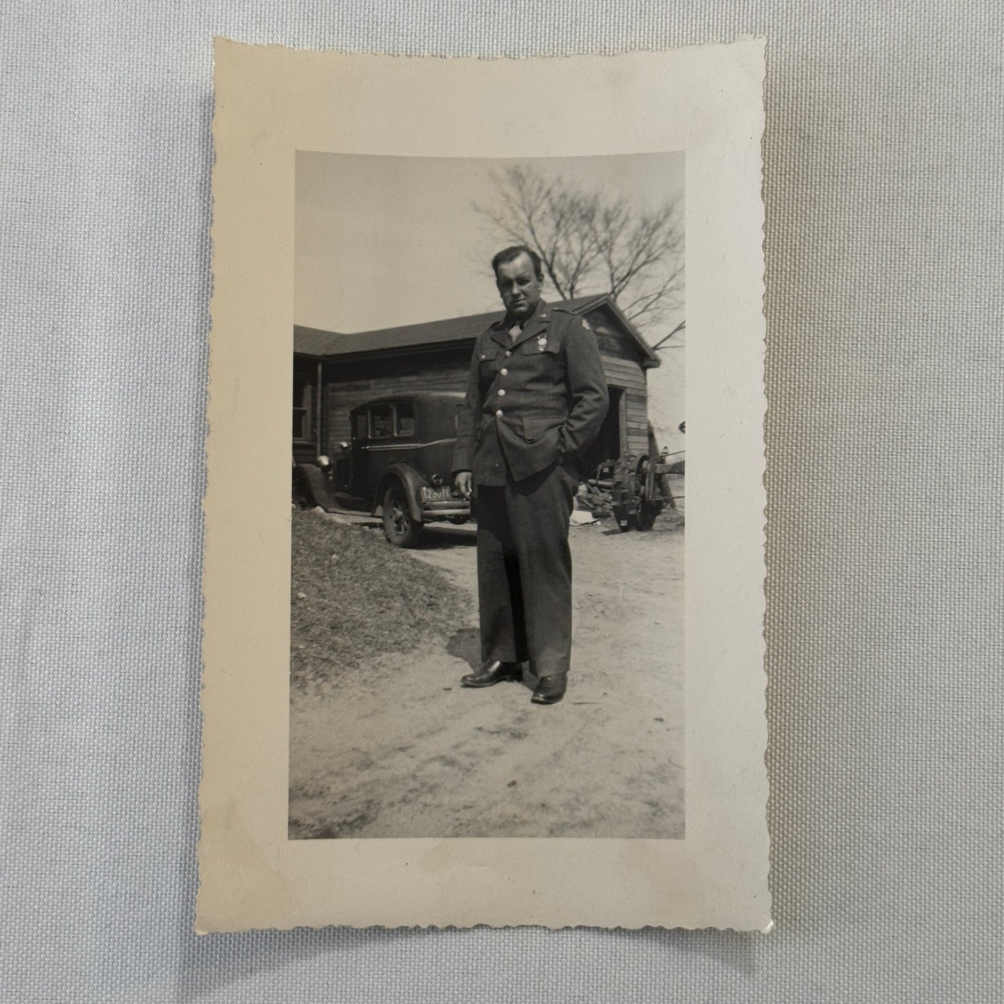 Vintage Photo Photograph Print Snapshot Man in Uniform with Early Automobile