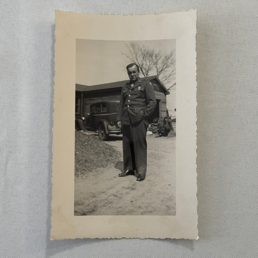 Vintage Photo Photograph Print Snapshot Man in Uniform with Early Automobile