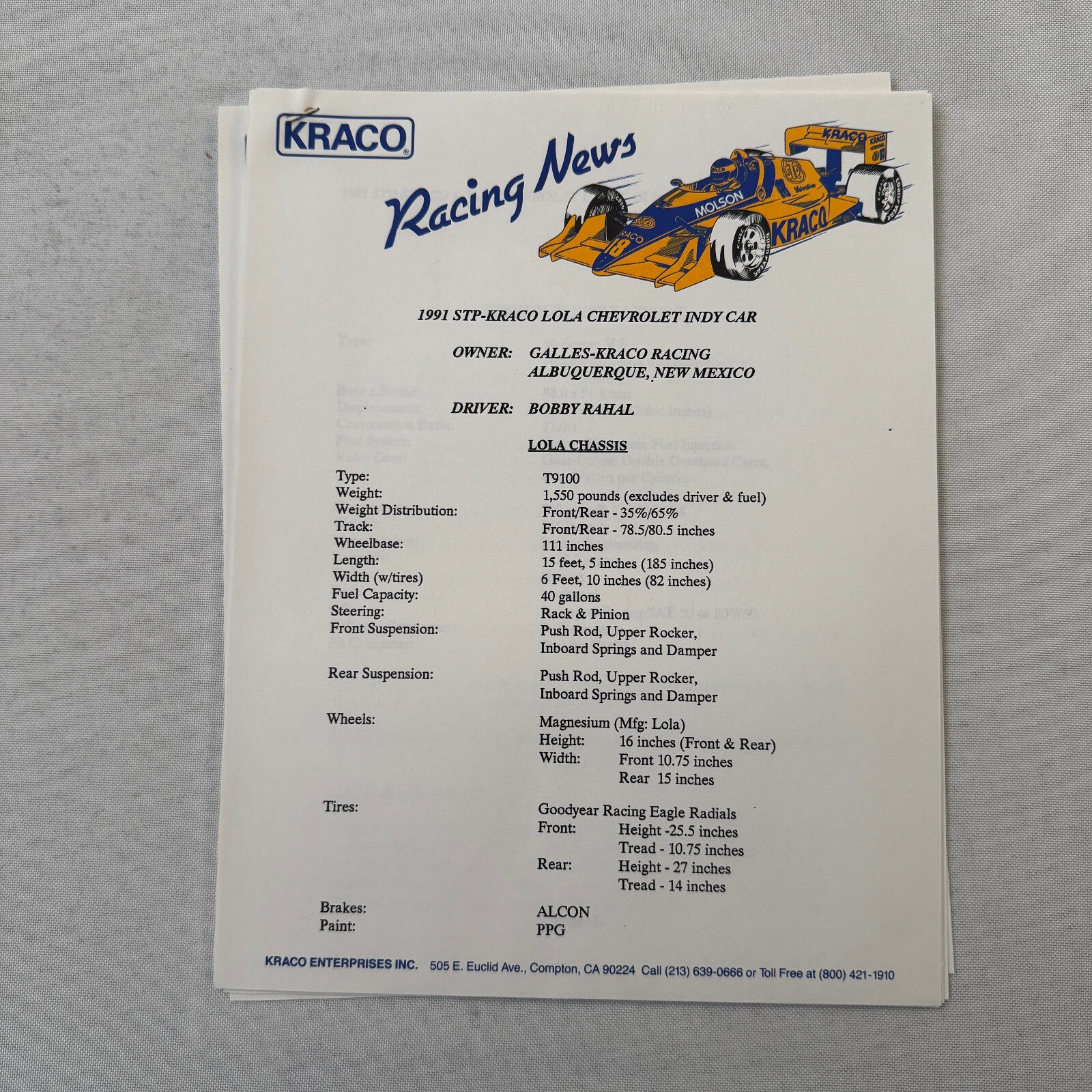 1991 Bobby Rahal Kraco Racing Press Kit Brochure Photos Lola Chevrolet Indy Car