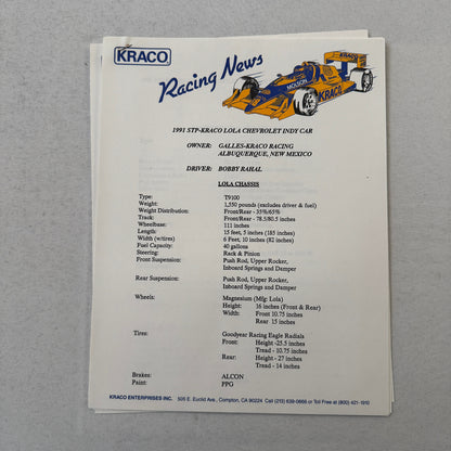 1991 Bobby Rahal Kraco Racing Press Kit Brochure Photos Lola Chevrolet Indy Car
