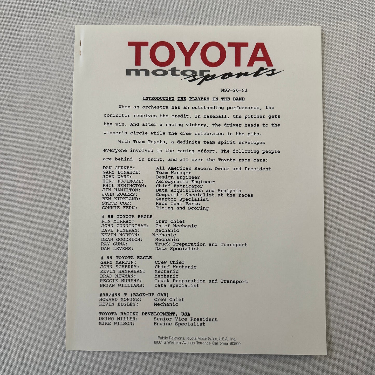 1991 Toyota Motorsport Racing Press Kit Dan Gurney Willy T Ribbs Fangio II