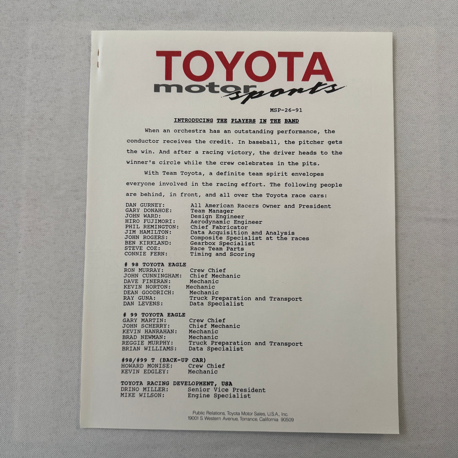 1991 Toyota Motorsport Racing Press Kit Dan Gurney Willy T Ribbs Fangio II