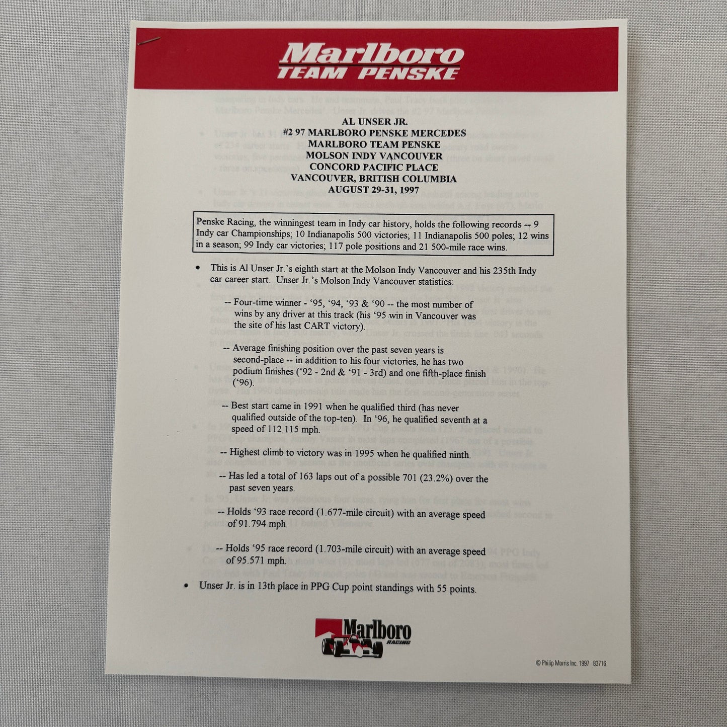 1997 CART Marlboro Team Penske Racing Press Kit Paul Tracy Al Unser Jr