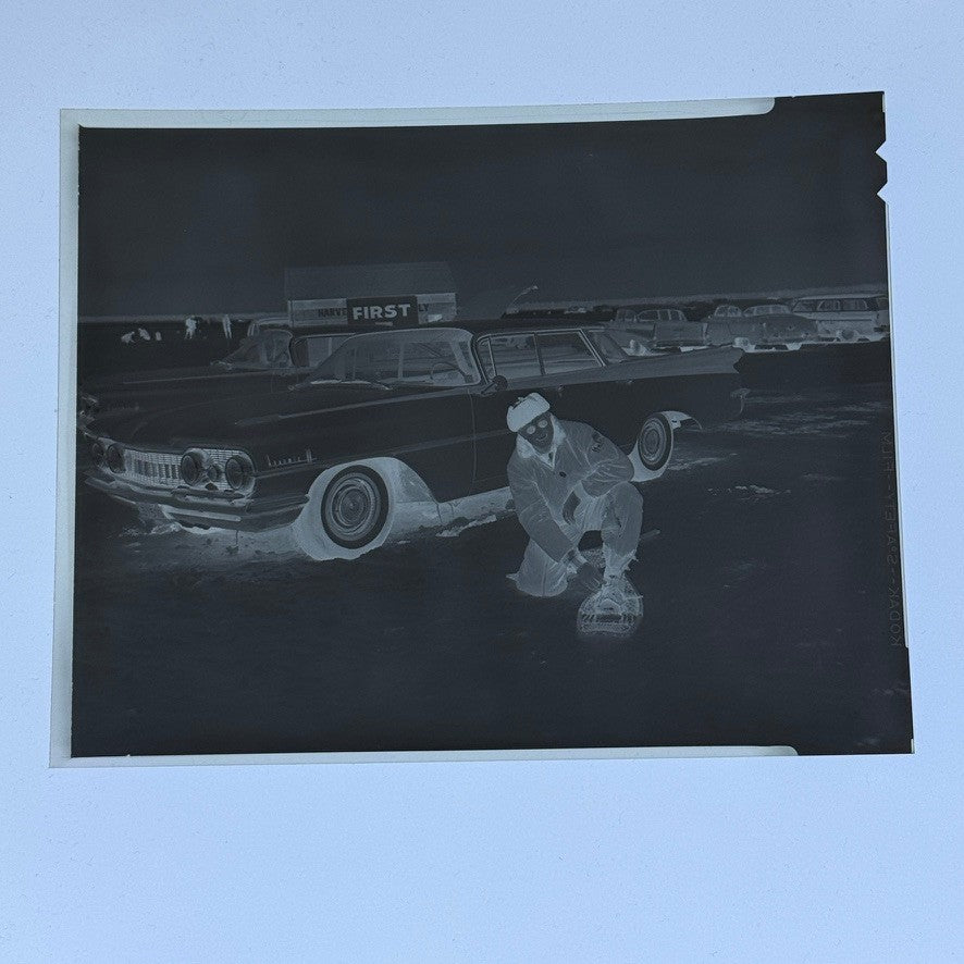 Vintage Oldsmobile Car in Snow Photo NEGATIVE with Print Automobile Photograph