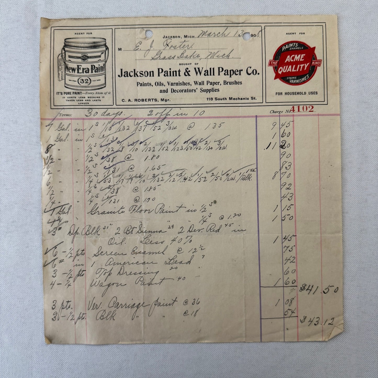 Jackson Paint and Wall Paper Company Michigan 1908 Receipt Document Invoice