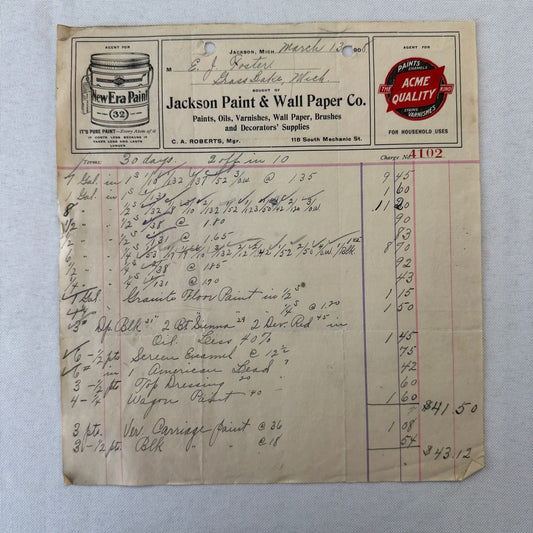 Jackson Paint and Wall Paper Company Michigan 1908 Receipt Document Invoice