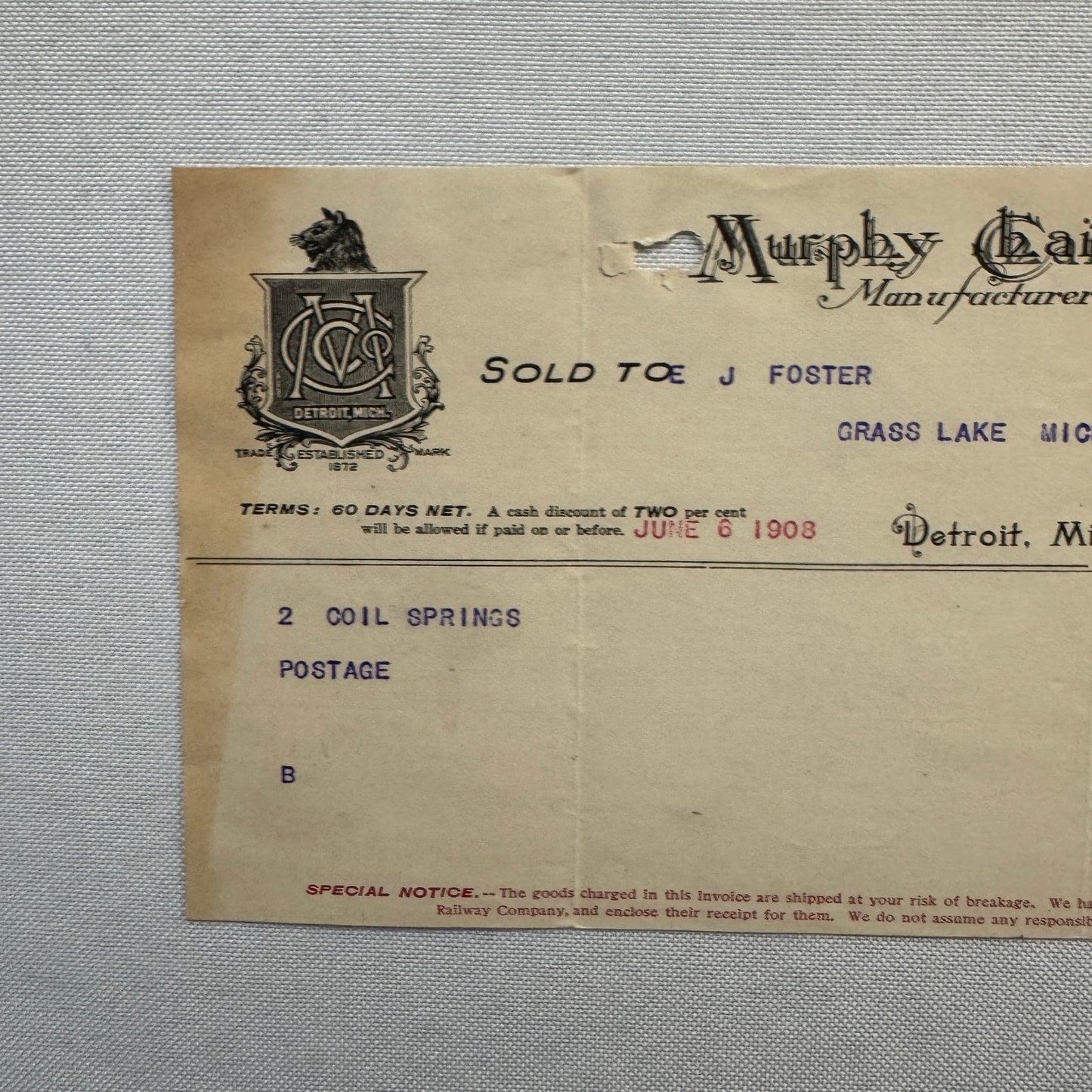 Murphy Chair Company Detroit Michigan Receipt Document Letterhead 1908 Lot 2x