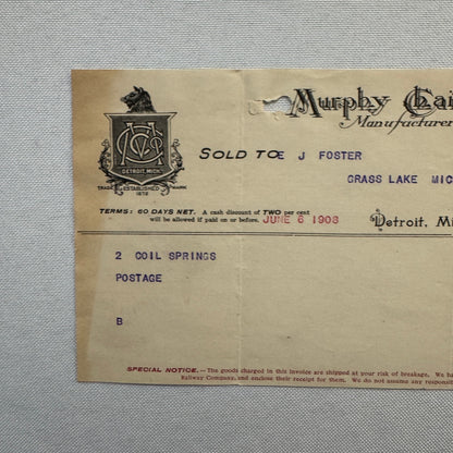 Murphy Chair Company Detroit Michigan Receipt Document Letterhead 1908 Lot 2x