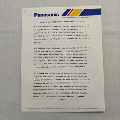 Vintage CART IndyCar Press Kit Hiro Matsushita Panasonic Racing Driver