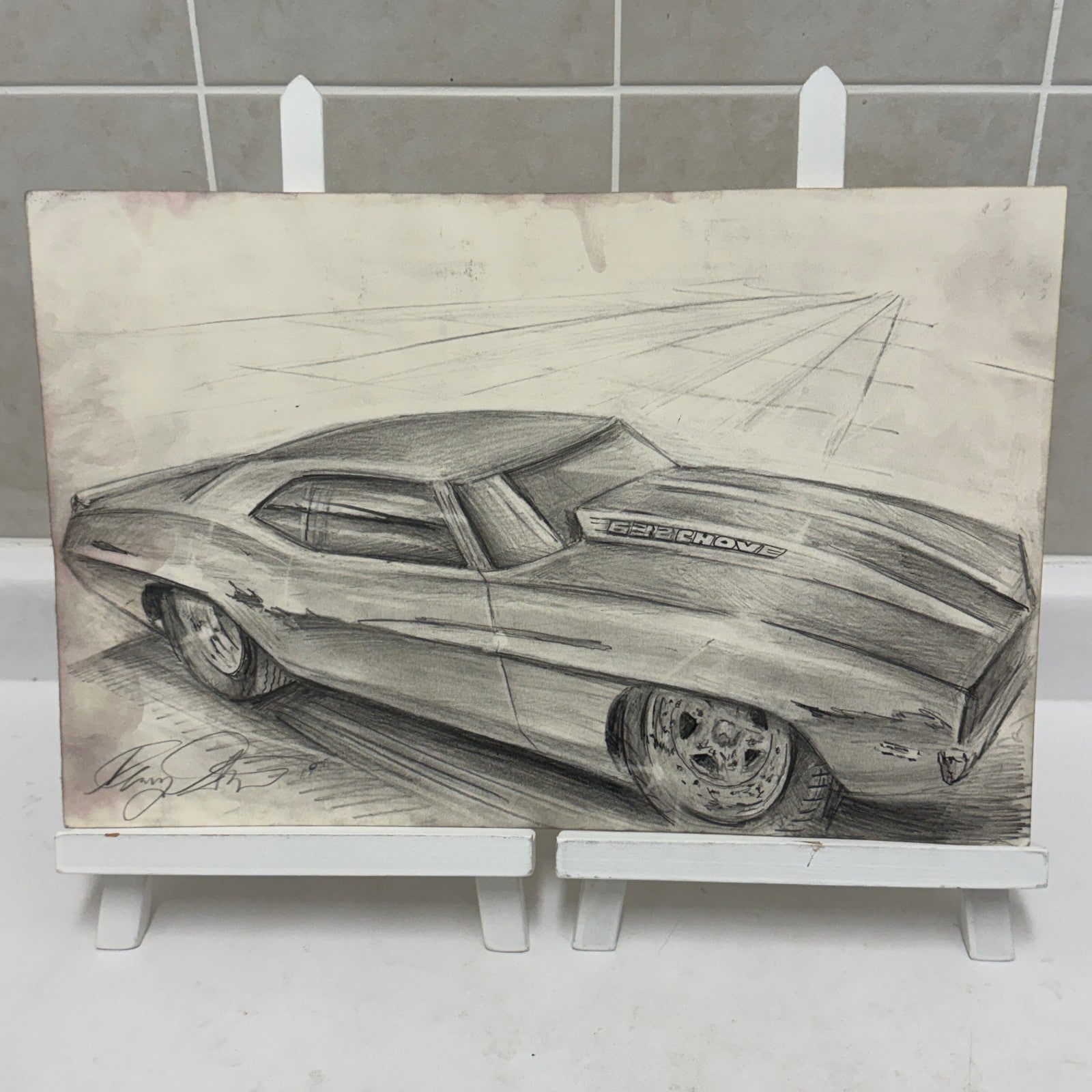 Chevrolet Camaro Vintage Car Illustration Drawing Sketch Original Art Signed
