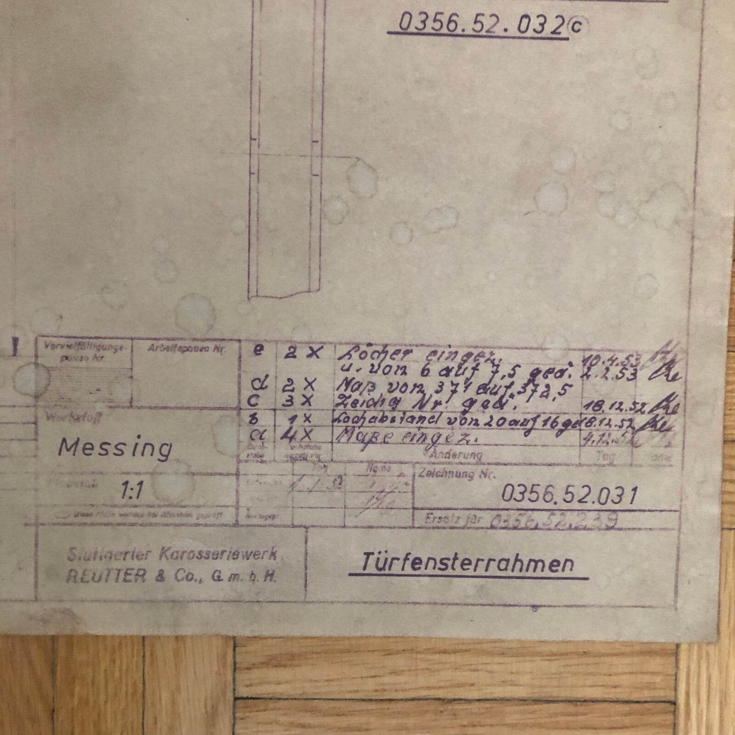 Vintage Porsche Reutter & Co Coachbuilder Factory Part Blueprint Document German