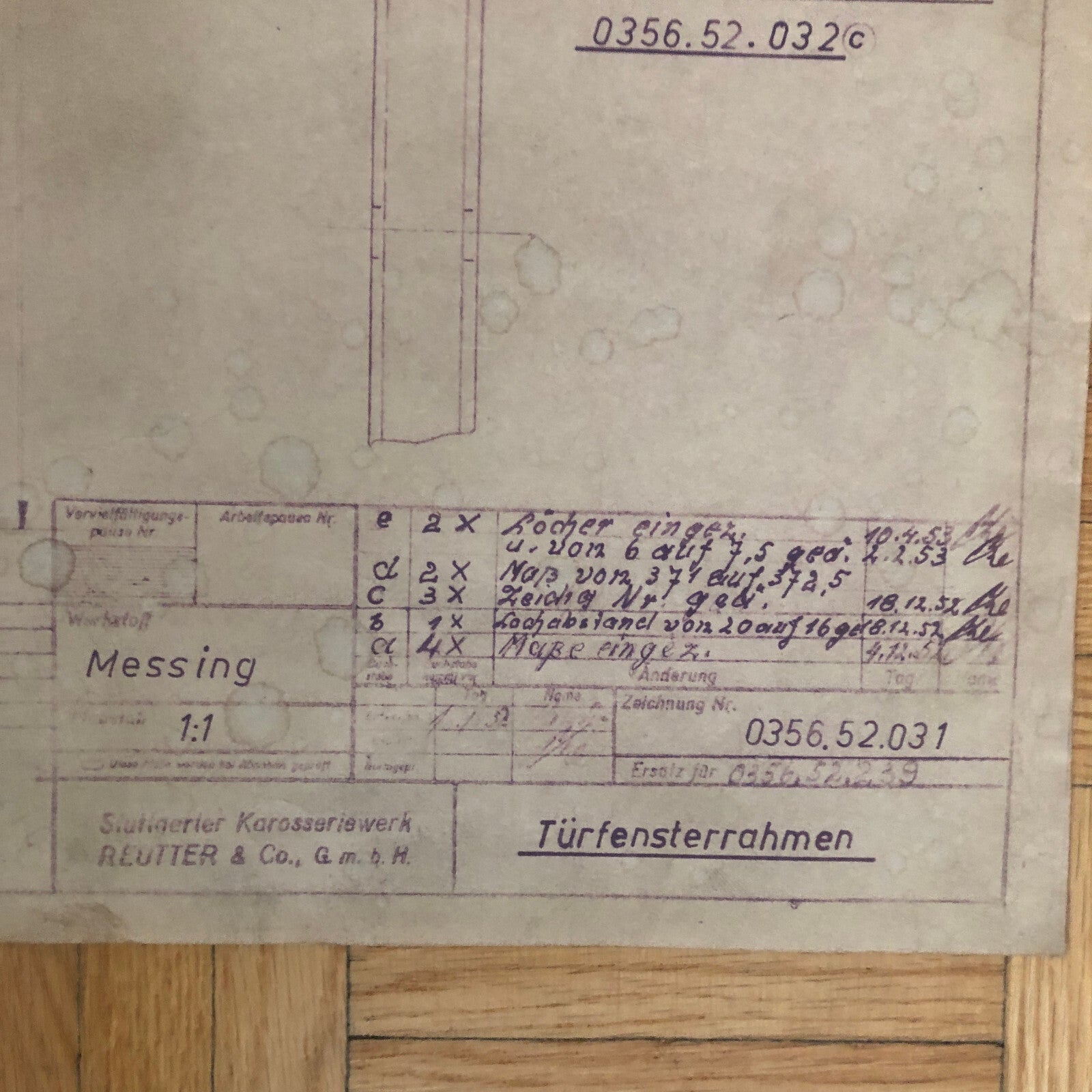 Vintage Porsche Reutter & Co Coachbuilder Factory Part Blueprint Document German