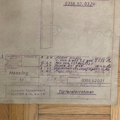 Vintage Porsche Reutter & Co Coachbuilder Factory Part Blueprint Document German