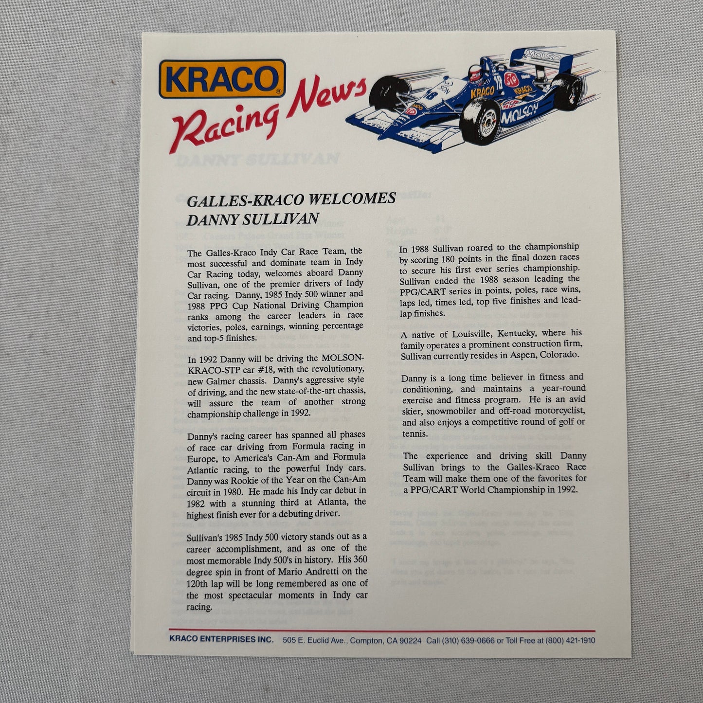 1992 Danny Sullivan Kraco Indy Car Racing Press Kit Brochure Photos Galmer Chevy
