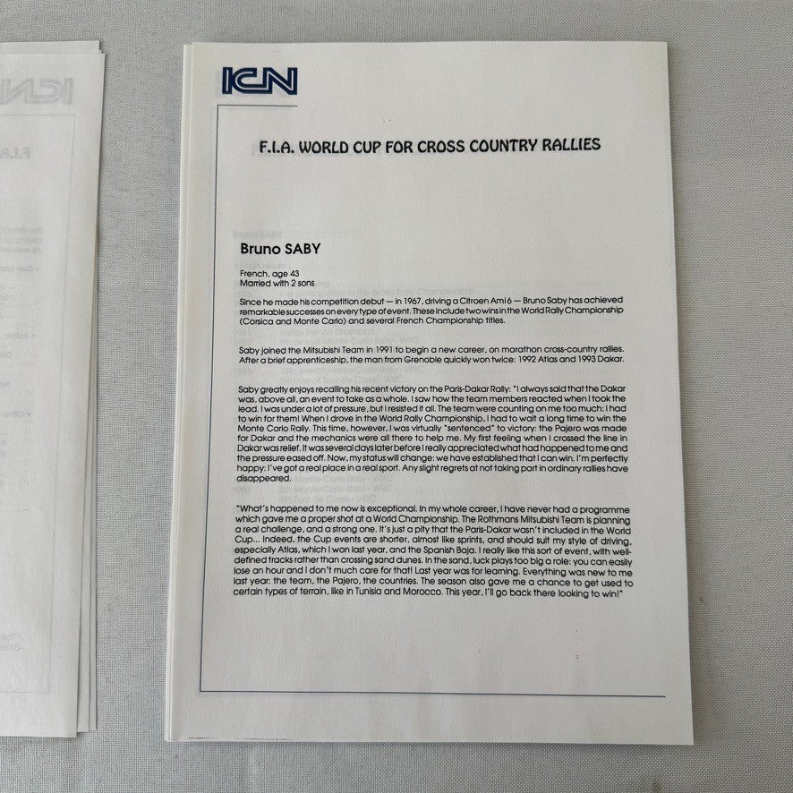 Rothmans Mitsubishi Pajero Rally Rallye Racing Press Kit 1993 FIA Cross Country