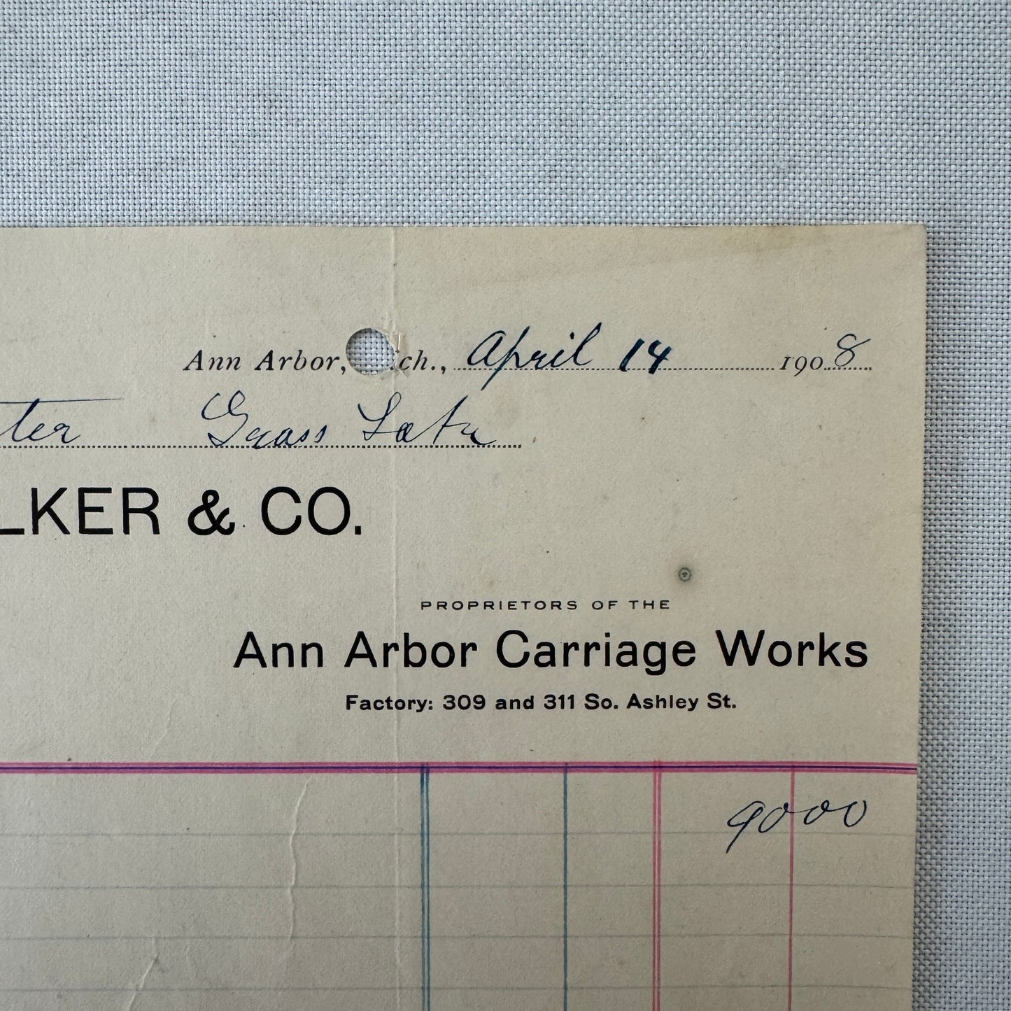 Walker and Company Receipt Letterhead Document 1908 Carriage Sleigh Ann Arbor MI