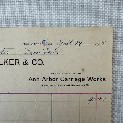 Walker and Company Receipt Letterhead Document 1908 Carriage Sleigh Ann Arbor MI