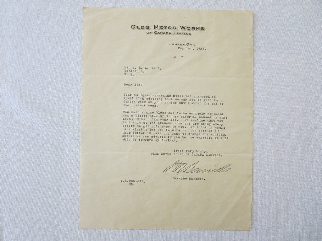 1923 Olds Motor Works of Canada Oldsmobile Factory Letter - Engine Repair Delay