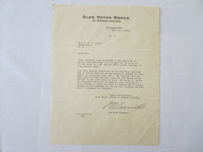 1923 Olds Motor Works of Canada Oldsmobile Factory Letter - Engine Repair Delay