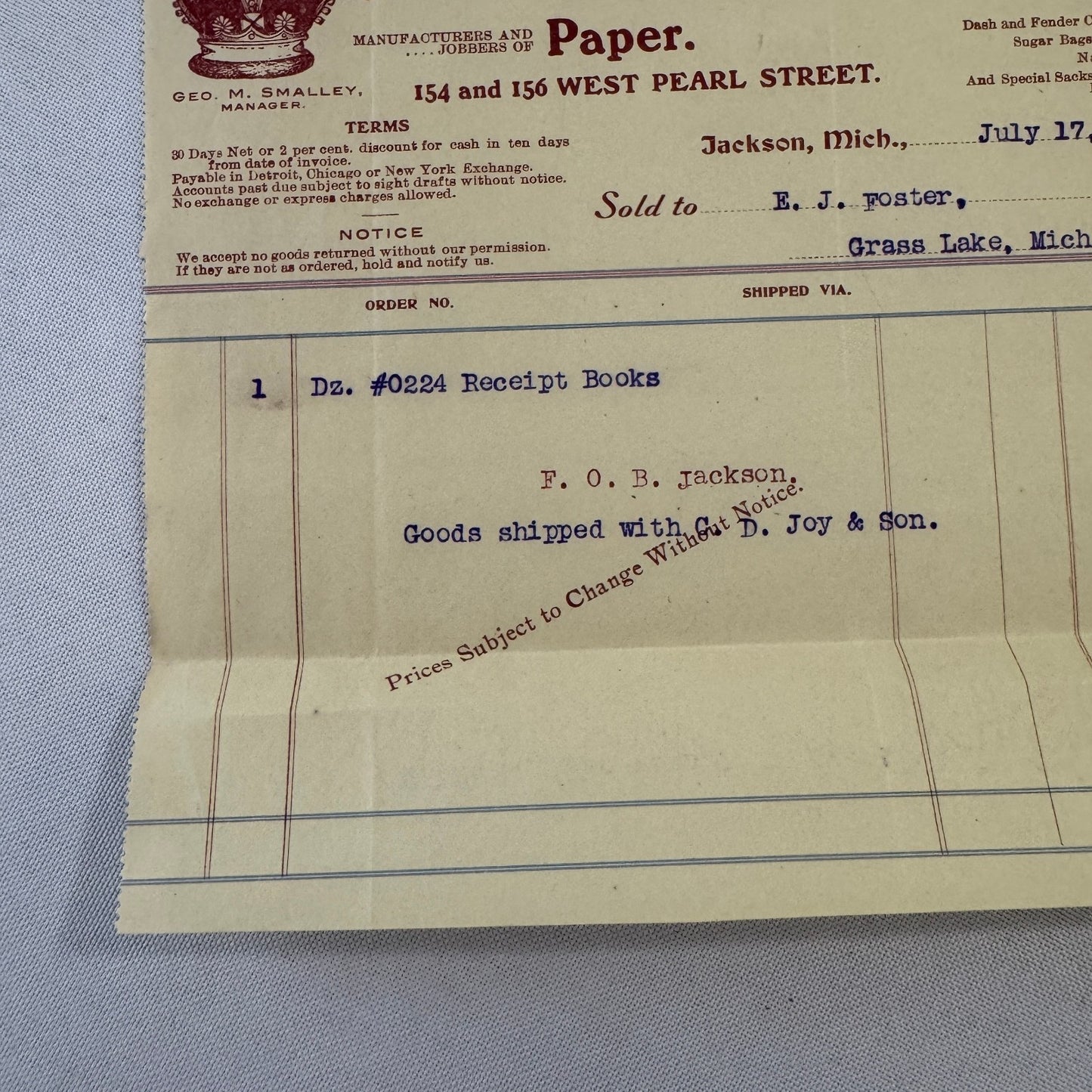 Crown Paper & Bag Company Jackson Michigan 1908 Receipt Invoice Document Lot 5x