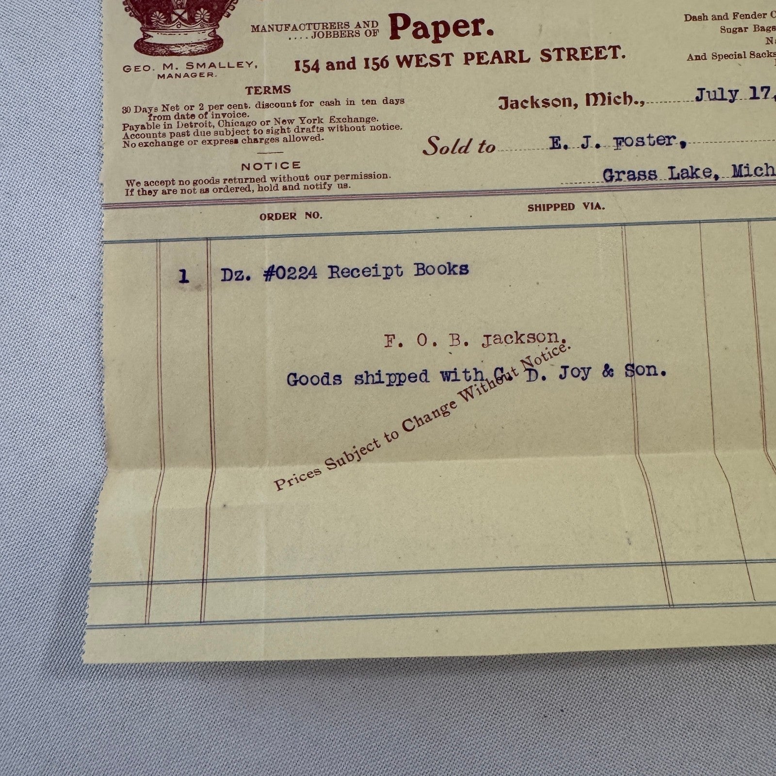 Crown Paper & Bag Company Jackson Michigan 1908 Receipt Invoice Document Lot 5x