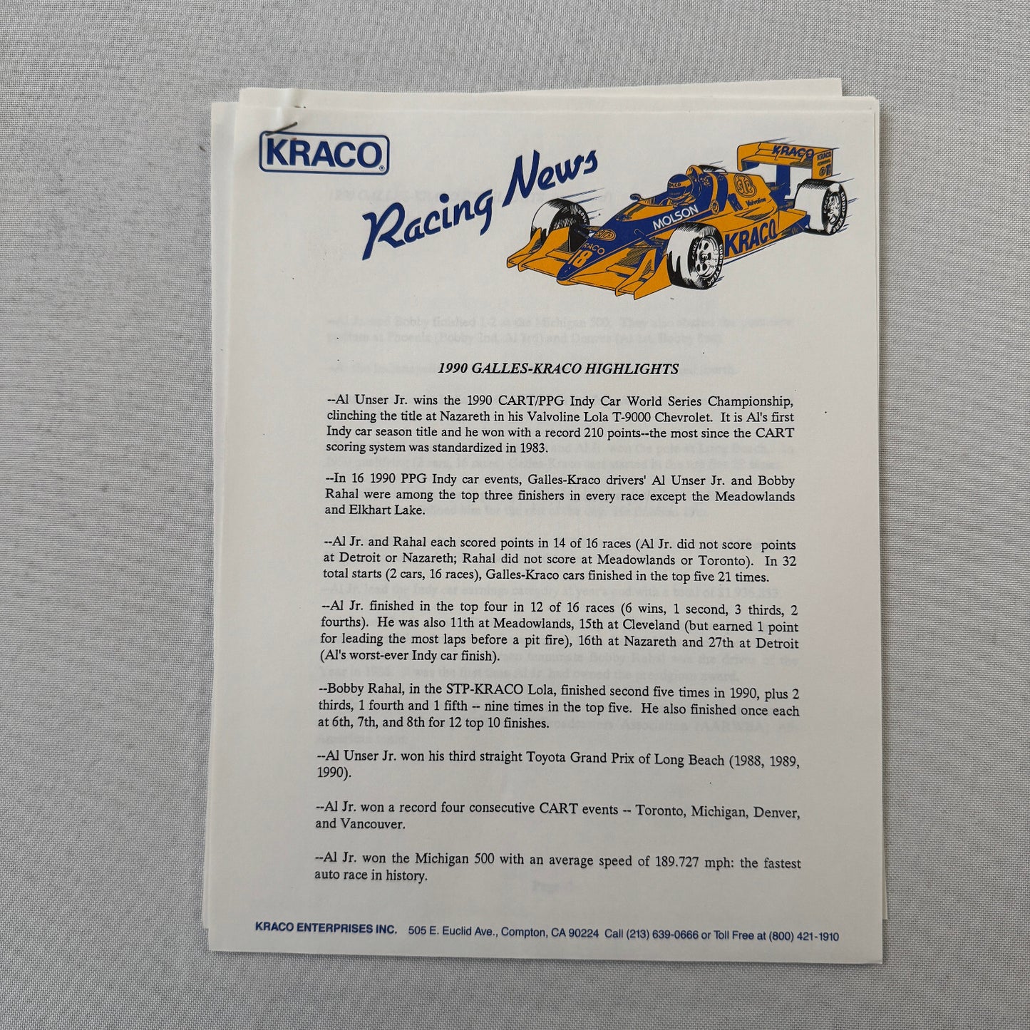 1991 Bobby Rahal Kraco Racing Press Kit Brochure Photos Lola Chevrolet Indy Car