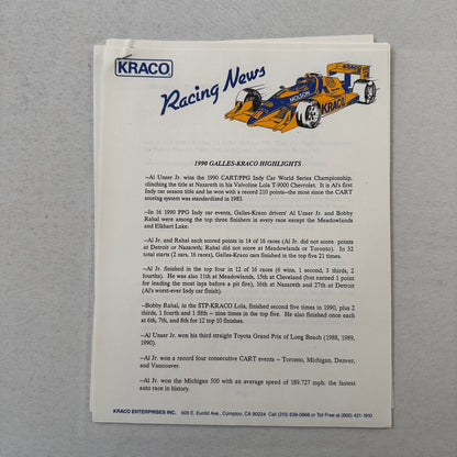 1991 Bobby Rahal Kraco Racing Press Kit Brochure Photos Lola Chevrolet Indy Car