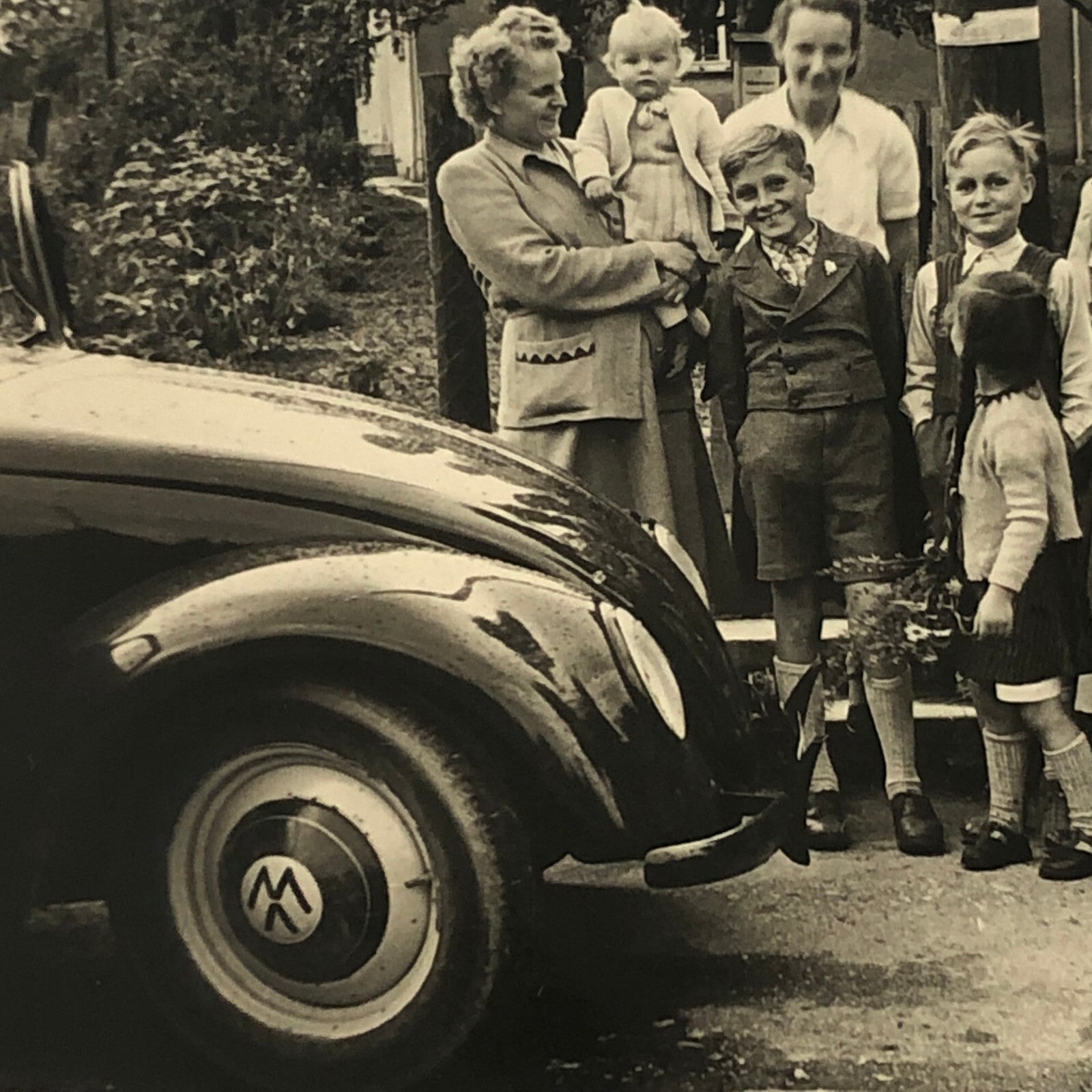 Vintage Photo Photograph Snapshot Family with VW Volkswagen Beetle Bug Car